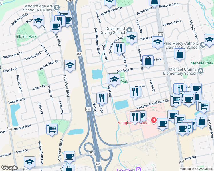 map of restaurants, bars, coffee shops, grocery stores, and more near 171 Mast Road in Vaughan