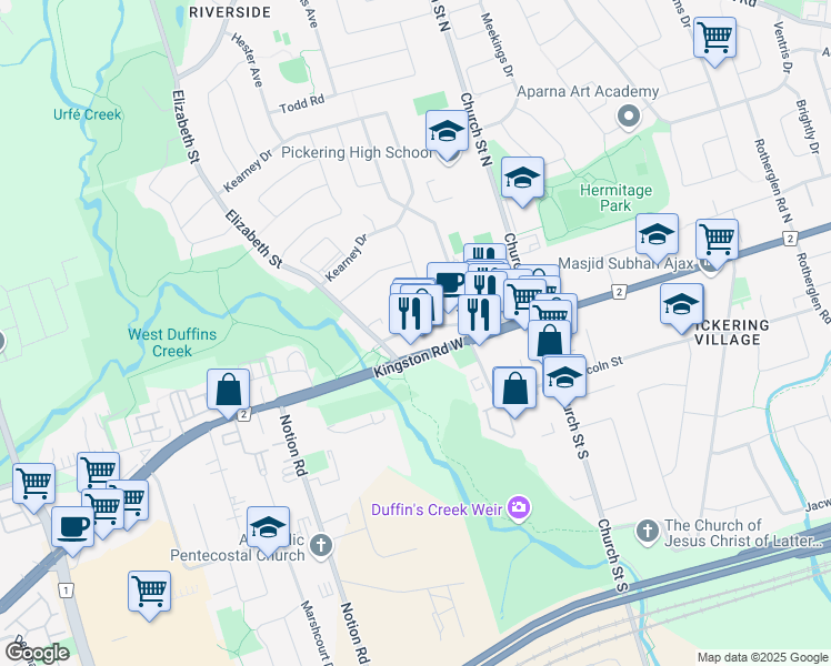 map of restaurants, bars, coffee shops, grocery stores, and more near in Ajax