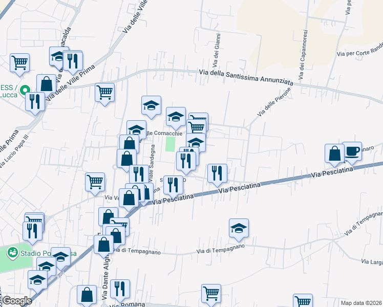 map of restaurants, bars, coffee shops, grocery stores, and more near 229 Via Giorgini Giovan Battista in Lucca