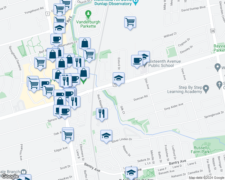 map of restaurants, bars, coffee shops, grocery stores, and more near 225 16th Avenue in Richmond Hill