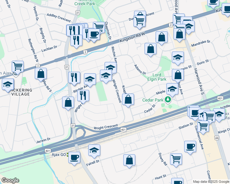 map of restaurants, bars, coffee shops, grocery stores, and more near 26 Wright Crescent in Ajax