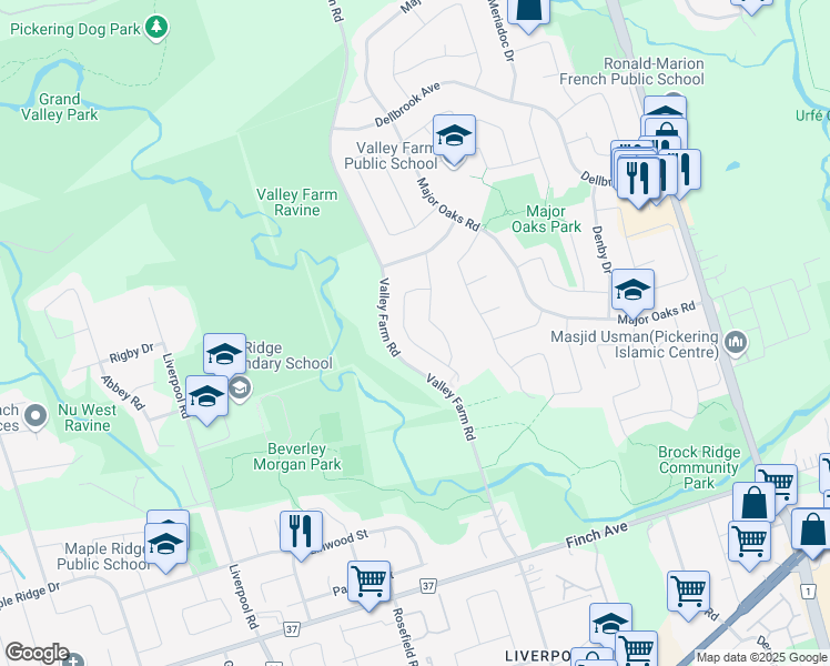 map of restaurants, bars, coffee shops, grocery stores, and more near 2367 Strathmore Crescent in Pickering