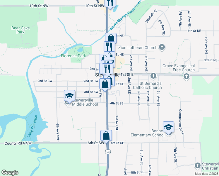 map of restaurants, bars, coffee shops, grocery stores, and more near 306 South Main Street in Stewartville