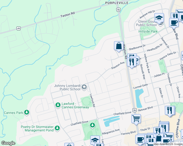 map of restaurants, bars, coffee shops, grocery stores, and more near Templewood Crescent in Vaughan