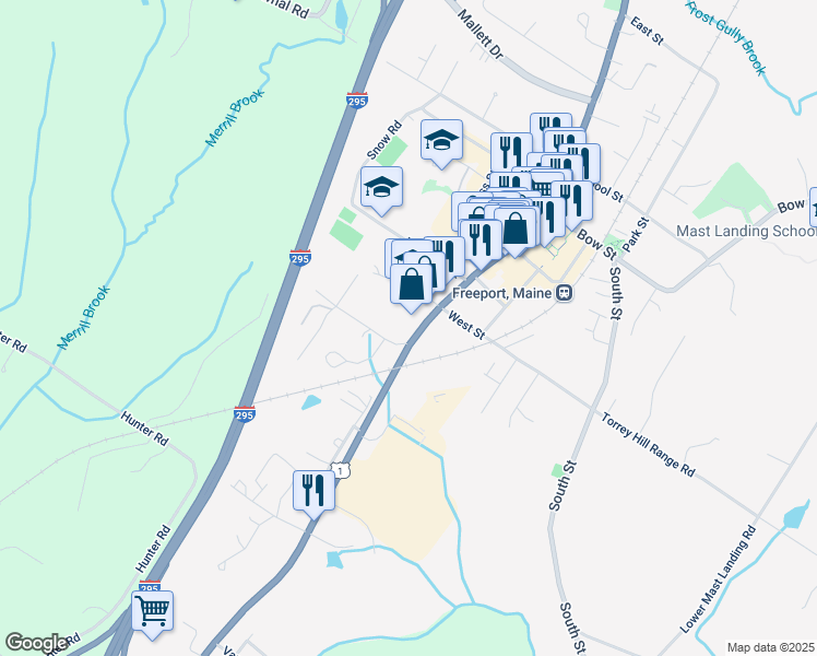 map of restaurants, bars, coffee shops, grocery stores, and more near 7 Main Street in Freeport