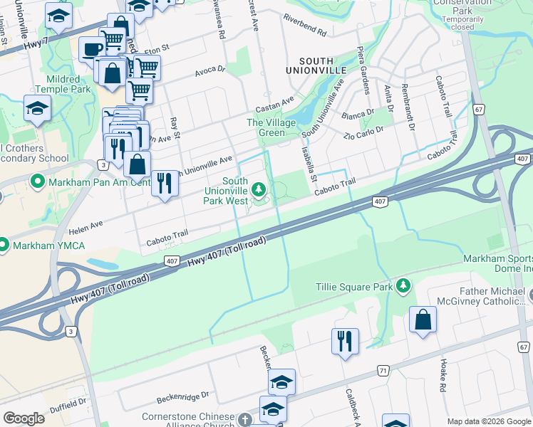map of restaurants, bars, coffee shops, grocery stores, and more near 489 Caboto Trail in Markham