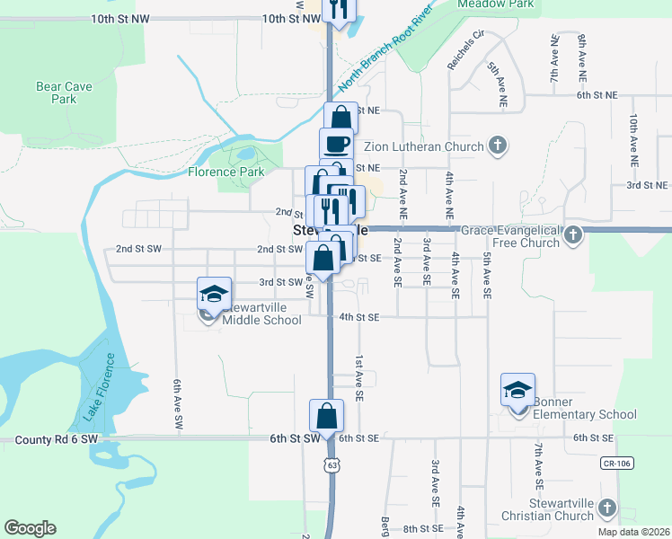 map of restaurants, bars, coffee shops, grocery stores, and more near 202 South Main Street in Stewartville