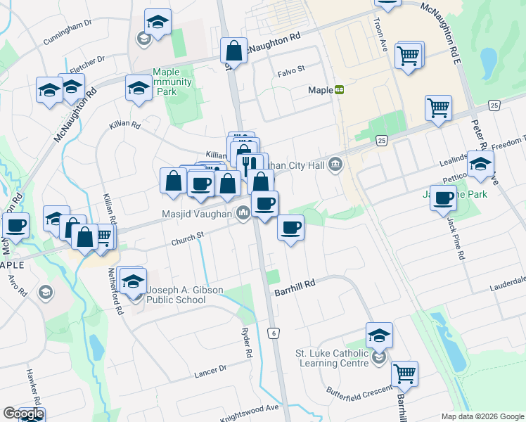 map of restaurants, bars, coffee shops, grocery stores, and more near 9973 Keele Street in Vaughan