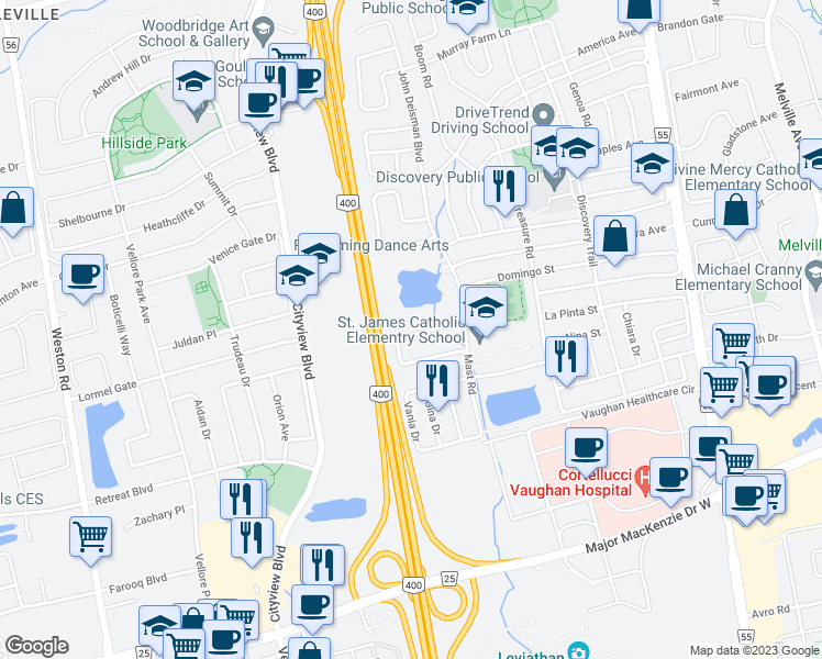 map of restaurants, bars, coffee shops, grocery stores, and more near 107 Queen Isabella Crescent in Vaughan