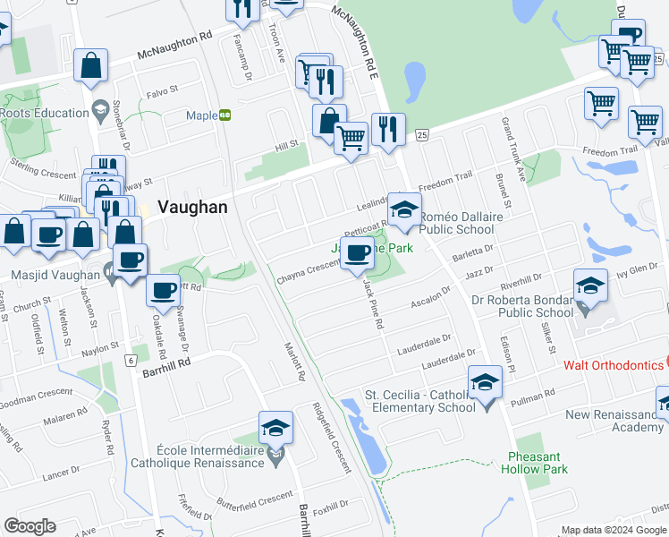 map of restaurants, bars, coffee shops, grocery stores, and more near 202 Chayna Crescent in Vaughan