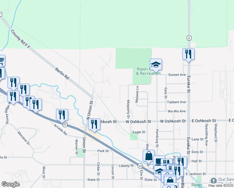 map of restaurants, bars, coffee shops, grocery stores, and more near 610 Cass Street in Ripon