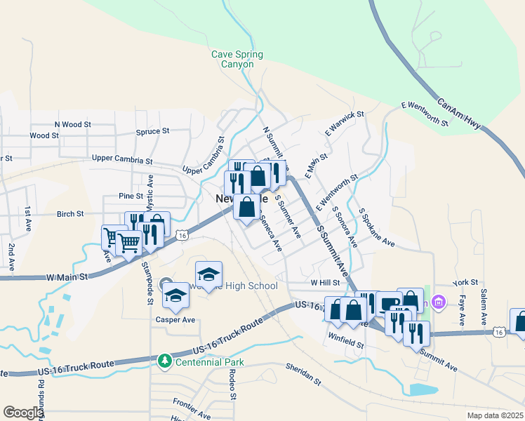 map of restaurants, bars, coffee shops, grocery stores, and more near 17 S Seneca Ave in Newcastle