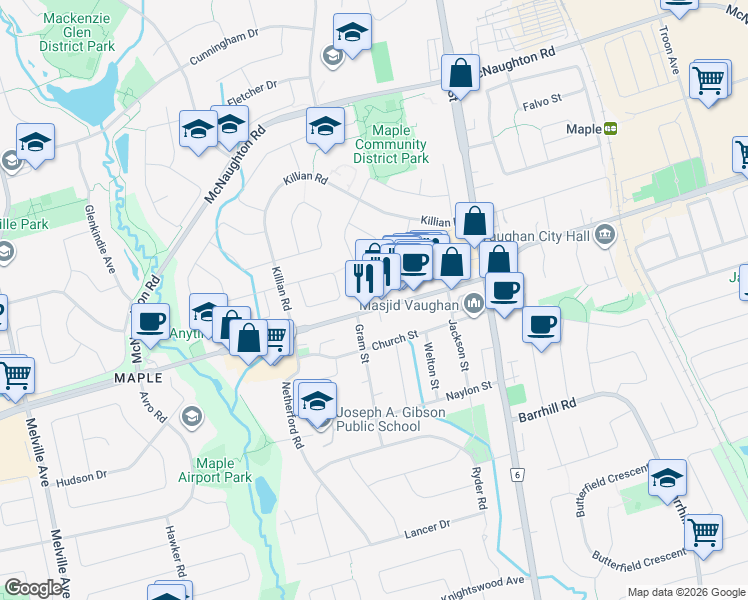map of restaurants, bars, coffee shops, grocery stores, and more near 2396 Major Mackenzie Drive West in Vaughan