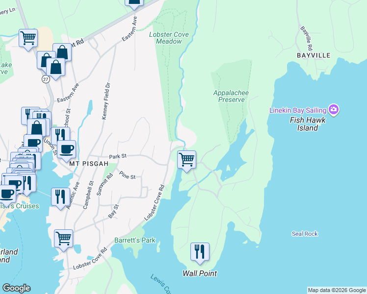map of restaurants, bars, coffee shops, grocery stores, and more near 146 Lobster Cove Rd in Boothbay Harbor