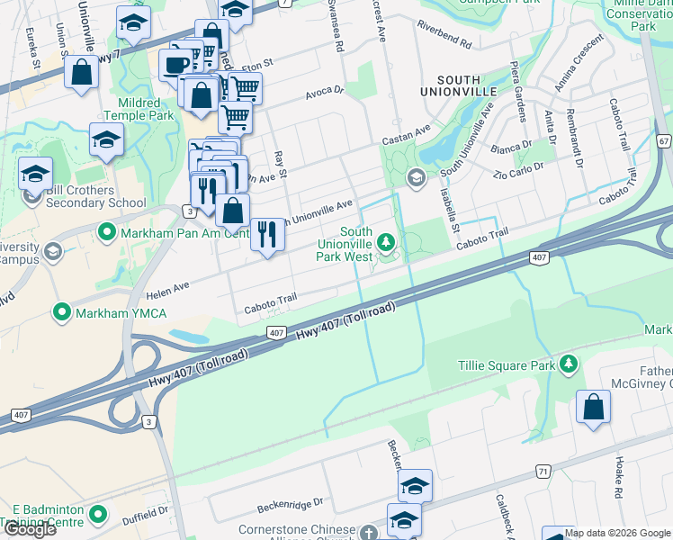 map of restaurants, bars, coffee shops, grocery stores, and more near 157 Peshawar Avenue in Markham