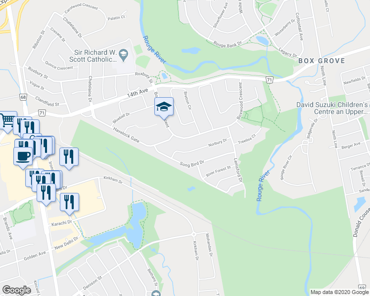 map of restaurants, bars, coffee shops, grocery stores, and more near 52 Norbury Drive in Markham