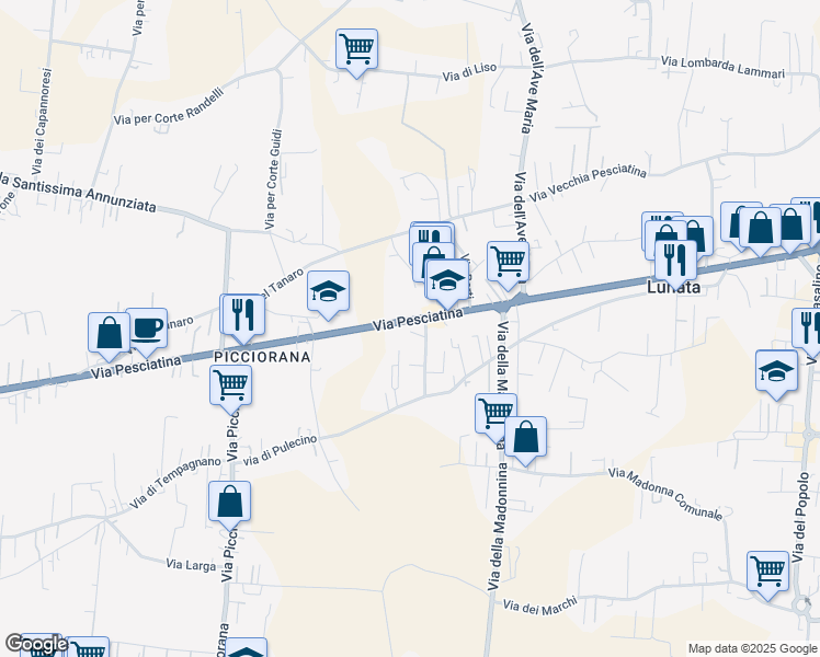 map of restaurants, bars, coffee shops, grocery stores, and more near Strada Statale 435 Pesciatina in Lucca