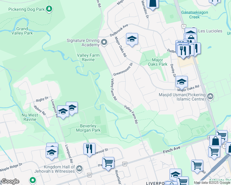 map of restaurants, bars, coffee shops, grocery stores, and more near 2370 Strathmore Crescent in Pickering