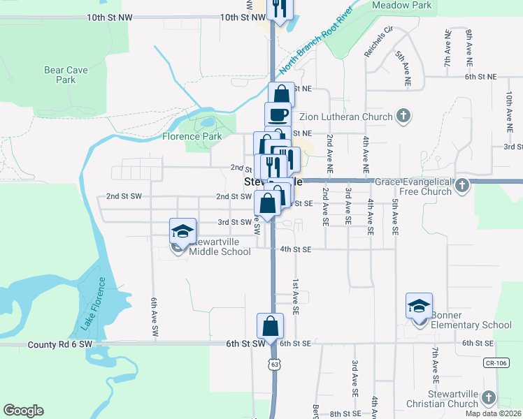map of restaurants, bars, coffee shops, grocery stores, and more near 202 South Main Street in Stewartville