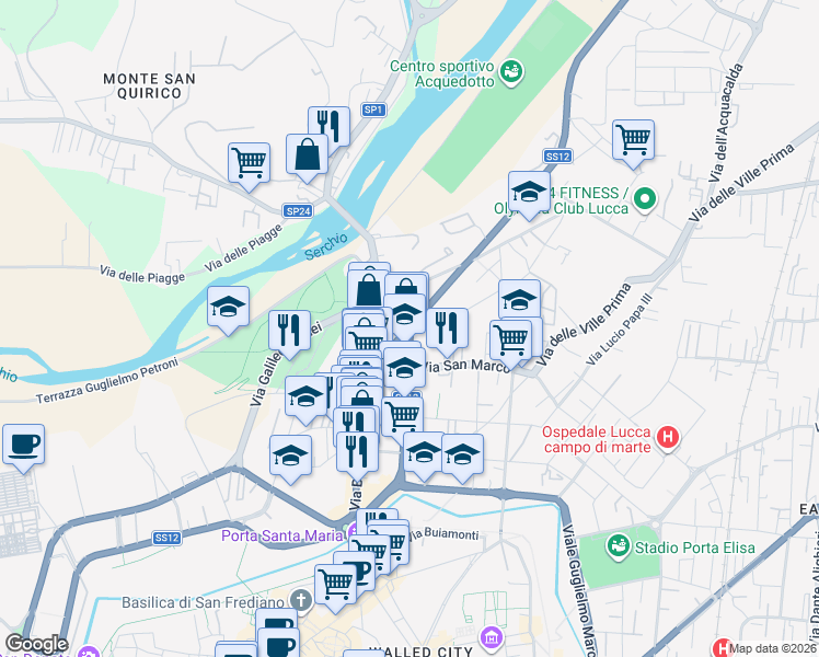map of restaurants, bars, coffee shops, grocery stores, and more near 445 Via Matteo Civitali in Lucca