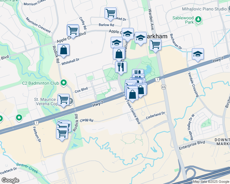 map of restaurants, bars, coffee shops, grocery stores, and more near 23 Cox Boulevard in Markham