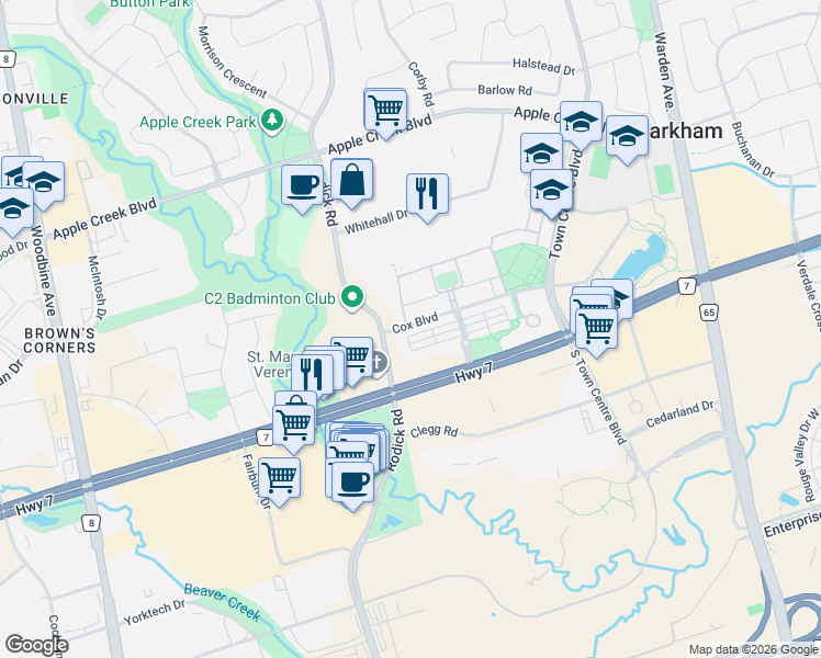 map of restaurants, bars, coffee shops, grocery stores, and more near 156 Legends Way in Markham