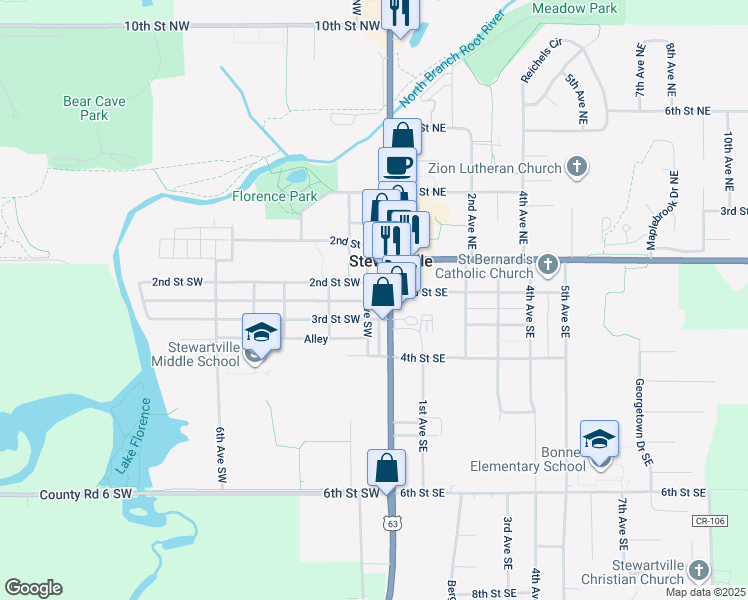 map of restaurants, bars, coffee shops, grocery stores, and more near 306 South Main Street in Stewartville