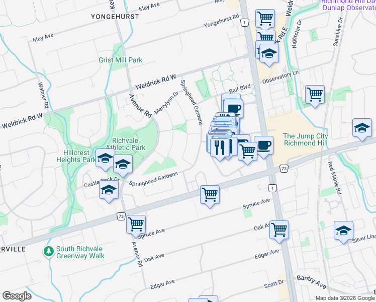 map of restaurants, bars, coffee shops, grocery stores, and more near 23 Rathfon Crescent in Richmond Hill