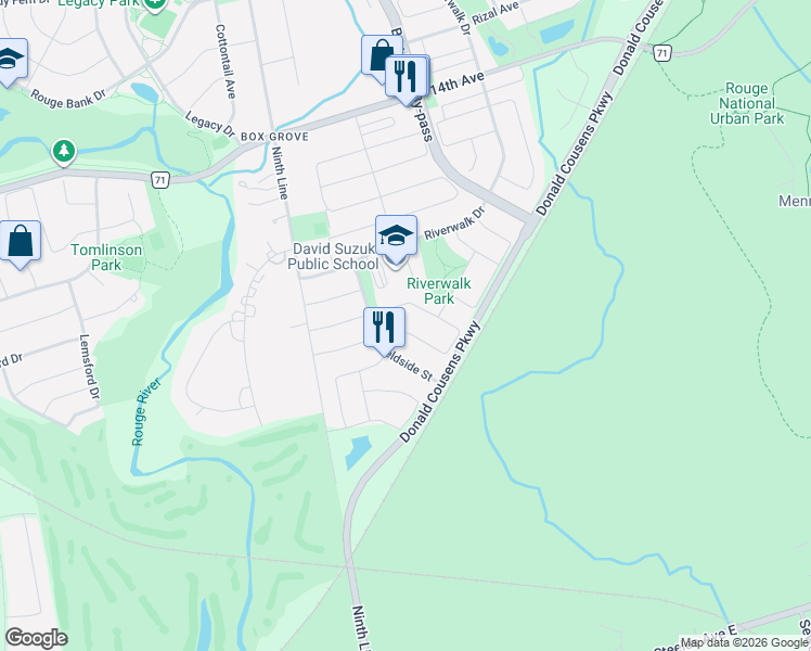 map of restaurants, bars, coffee shops, grocery stores, and more near 14 Reginald Lamb Crescent in Markham