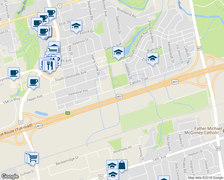 map of restaurants, bars, coffee shops, grocery stores, and more near 489 Caboto Trail in Markham