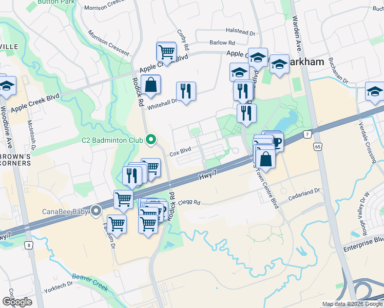 map of restaurants, bars, coffee shops, grocery stores, and more near 181 Legends Way in Markham