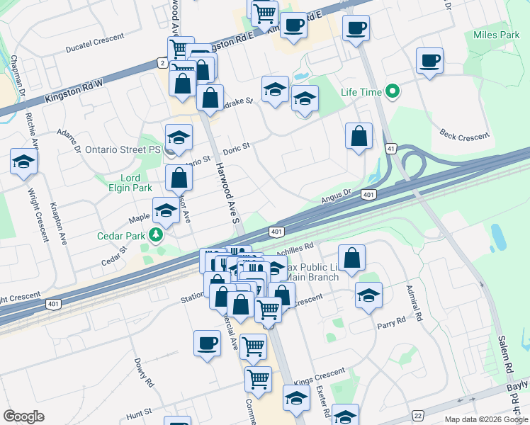 map of restaurants, bars, coffee shops, grocery stores, and more near 24 Birch Crescent in Ajax