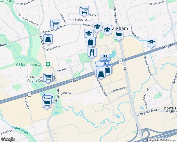 map of restaurants, bars, coffee shops, grocery stores, and more near 23 Cox Boulevard in Markham