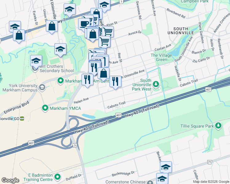 map of restaurants, bars, coffee shops, grocery stores, and more near 201 Helen Avenue in Markham