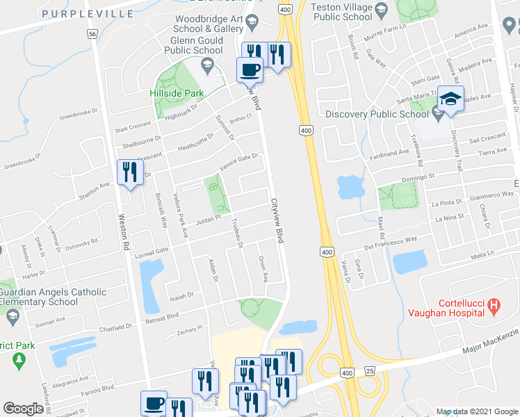 map of restaurants, bars, coffee shops, grocery stores, and more near 47 Ozner Crescent in Vaughan