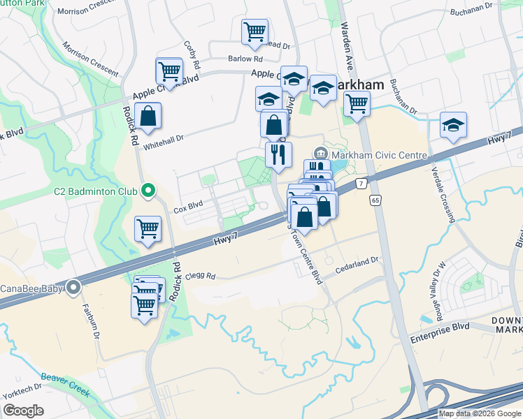 map of restaurants, bars, coffee shops, grocery stores, and more near 33 Cox Boulevard in Markham