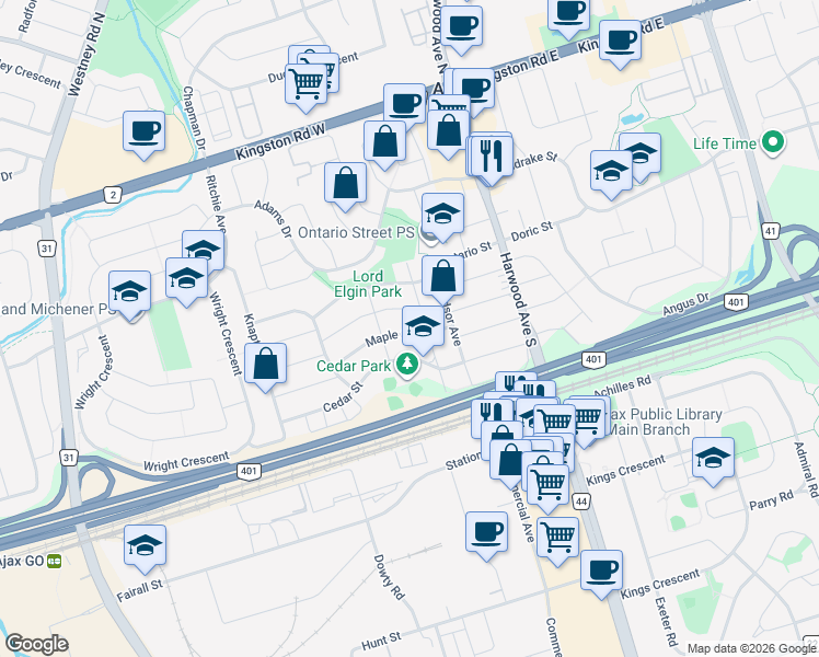 map of restaurants, bars, coffee shops, grocery stores, and more near 4 Maple Street in Ajax