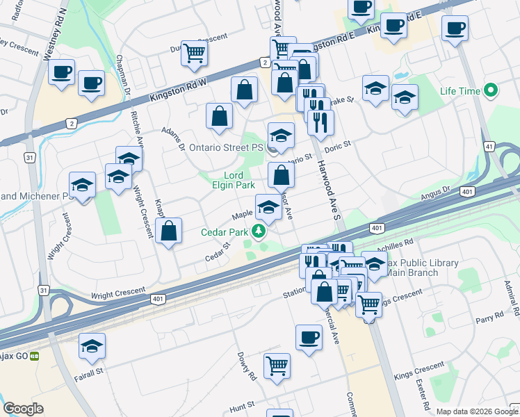 map of restaurants, bars, coffee shops, grocery stores, and more near 4 Maple Street in Ajax