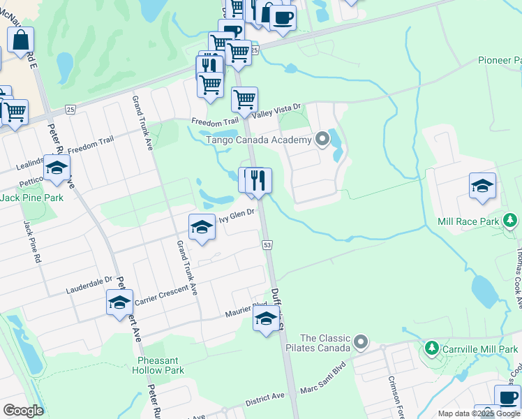 map of restaurants, bars, coffee shops, grocery stores, and more near Dufferin Street in Vaughan