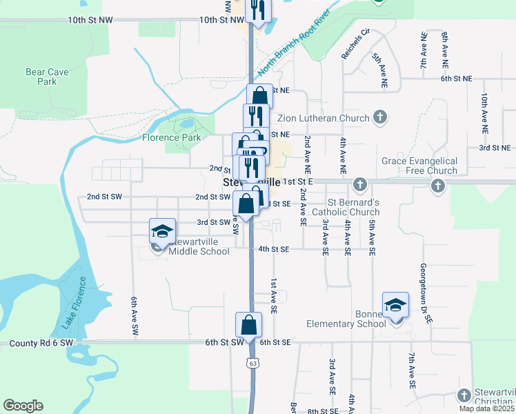 map of restaurants, bars, coffee shops, grocery stores, and more near 306 South Main Street in Stewartville