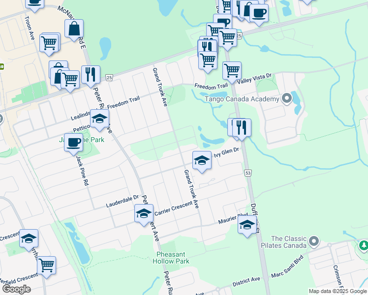 map of restaurants, bars, coffee shops, grocery stores, and more near 1 Muret Crescent in Vaughan
