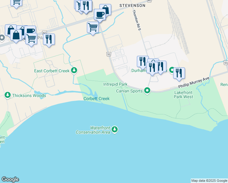 map of restaurants, bars, coffee shops, grocery stores, and more near 1333 Regional Road 52 in Oshawa