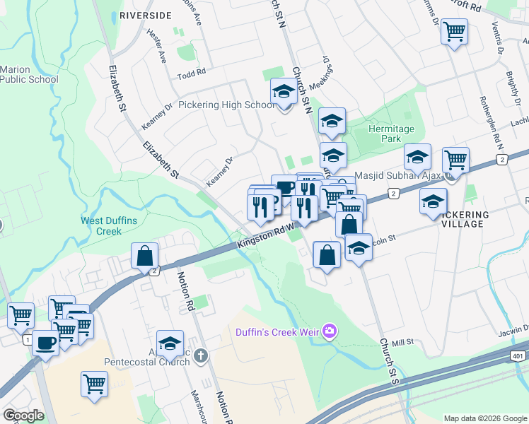 map of restaurants, bars, coffee shops, grocery stores, and more near 106 Old Kingston Road in Ajax
