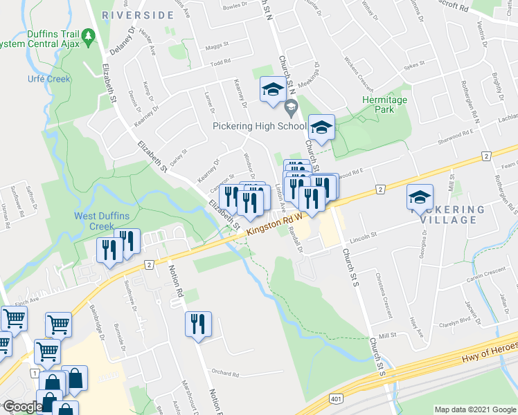 map of restaurants, bars, coffee shops, grocery stores, and more near 100 Old Kingston Road in Ajax