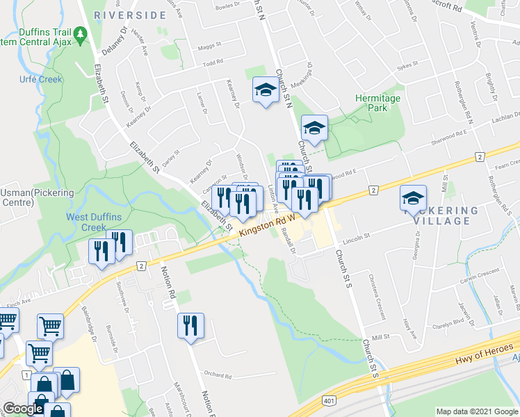 map of restaurants, bars, coffee shops, grocery stores, and more near 90 Old Kingston Road in Ajax