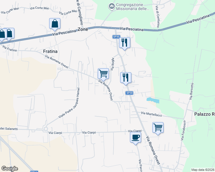 map of restaurants, bars, coffee shops, grocery stores, and more near 253 Via Romana Ovest in Porcari