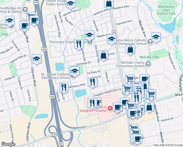map of restaurants, bars, coffee shops, grocery stores, and more near 39 La Pinta Street in Vaughan
