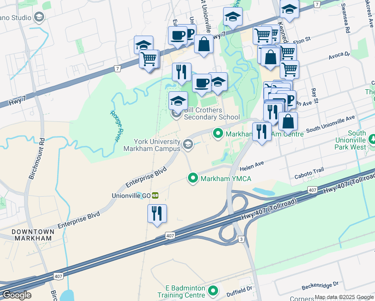 map of restaurants, bars, coffee shops, grocery stores, and more near 1 University Boulevard in Markham