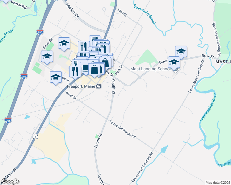 map of restaurants, bars, coffee shops, grocery stores, and more near 17 Dennison Avenue in Freeport