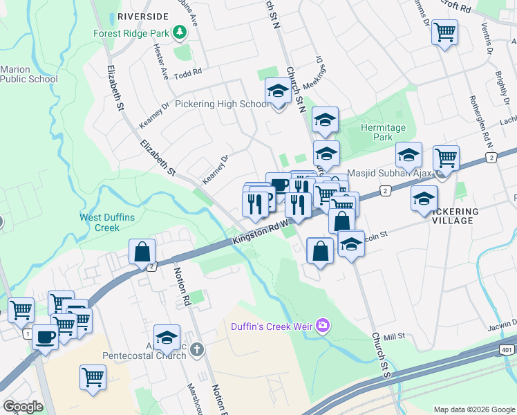 map of restaurants, bars, coffee shops, grocery stores, and more near in Ajax